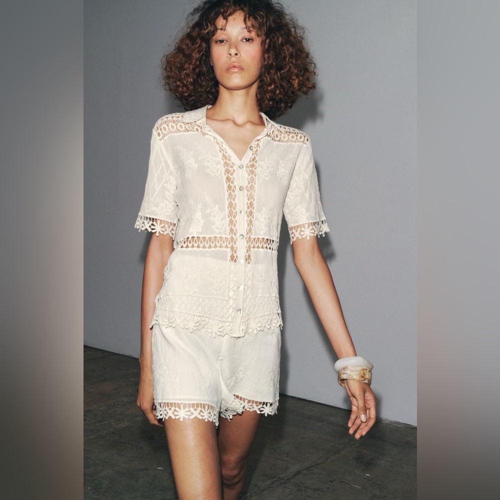 ZARA Combined Crochet Blouse White Cotton Open Knit Top Sz M 4786/083